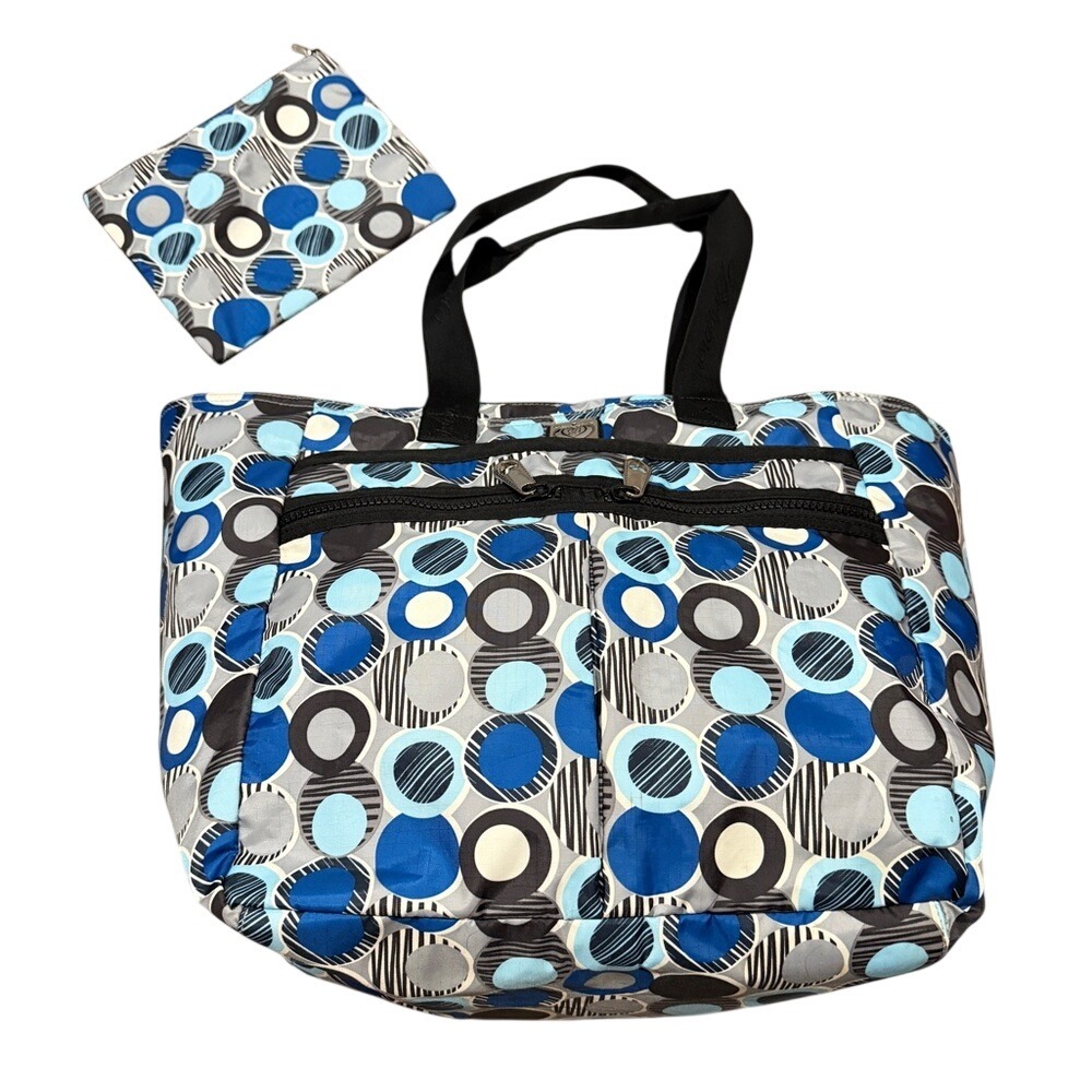 Brighton Lock It Super Tote Travel Bag Blue Geometric Weekender + Pouch Carryon